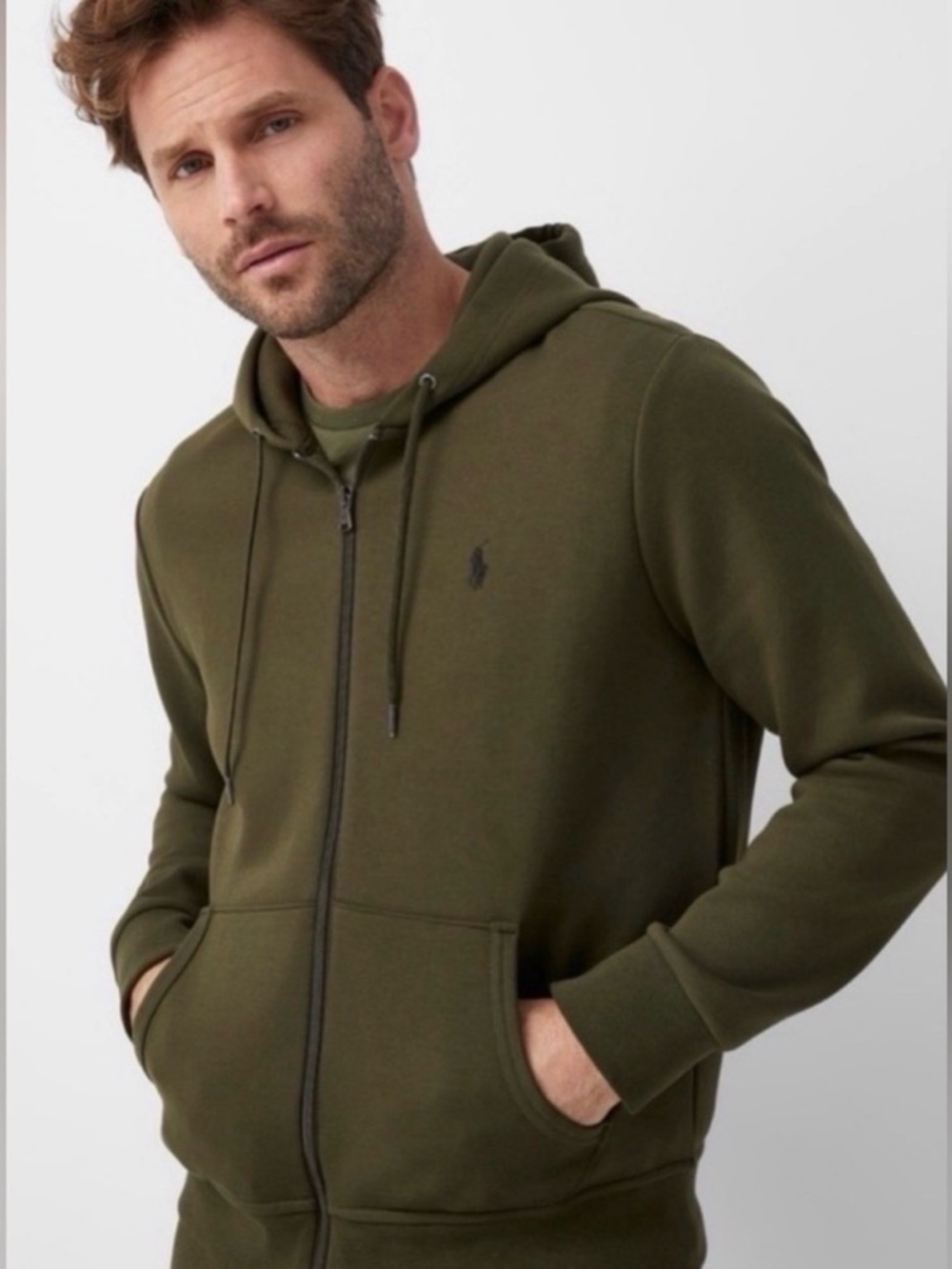 Polo Ralph Lauren Men's Large Double Knit Full Zip Hoodie Olive Green - Picture 4 of 6